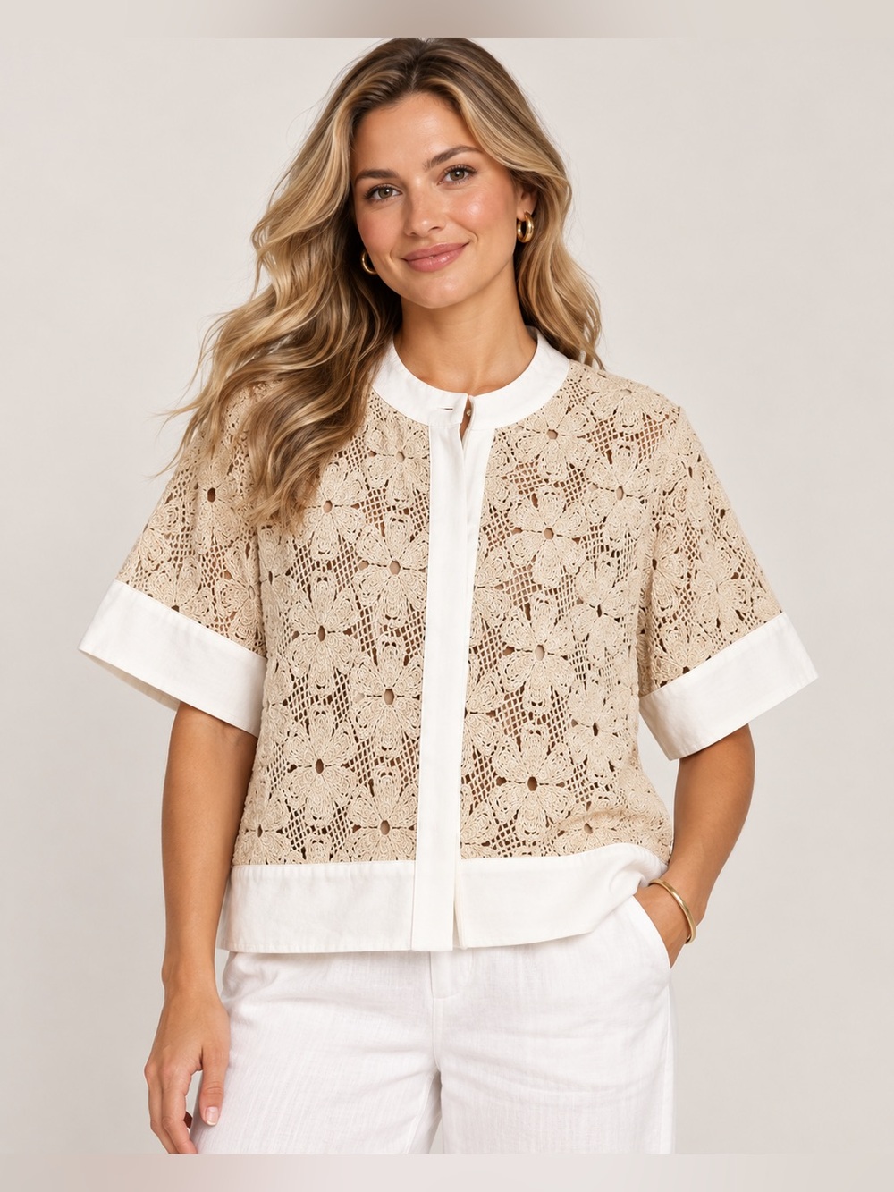 Tuckernuck XL Floral Crochet Lace Top Beige White Contrast Trim Cotton